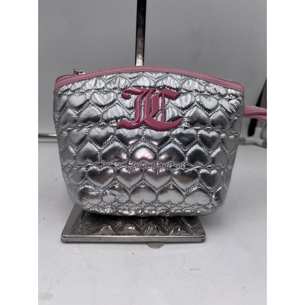 Juicy Couture Metallic Silver Quilted Heart Makeup Bag Pink Logo Wristlet Pouch